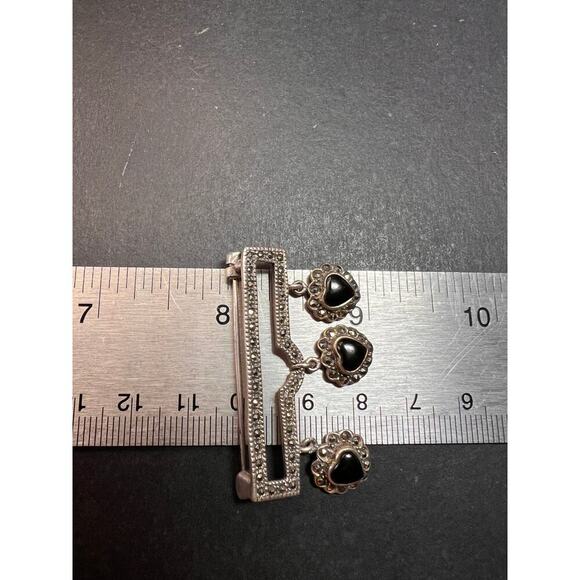 Vintage black onyx hearts and marcasite sterling silver pin brooch - Picture 3 of 11